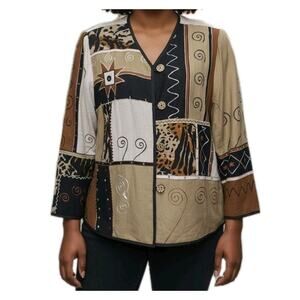 VTG Indigo Moon Patchwork Jacket Womens Size 1X Animal Print Tapestry Brown Tan